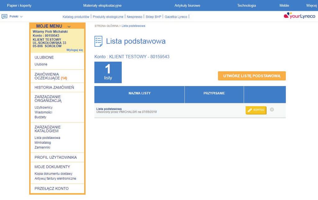 LISTA PRODUKTÓW PODSTAWOWYCH Opcja jest dostępna w zakładce Zarządzanie katalogiem Utwórz listę podstawową Pamiętaj o przypisaniu listy produktów podstawowych Kliknij, aby dodać Listę produktów