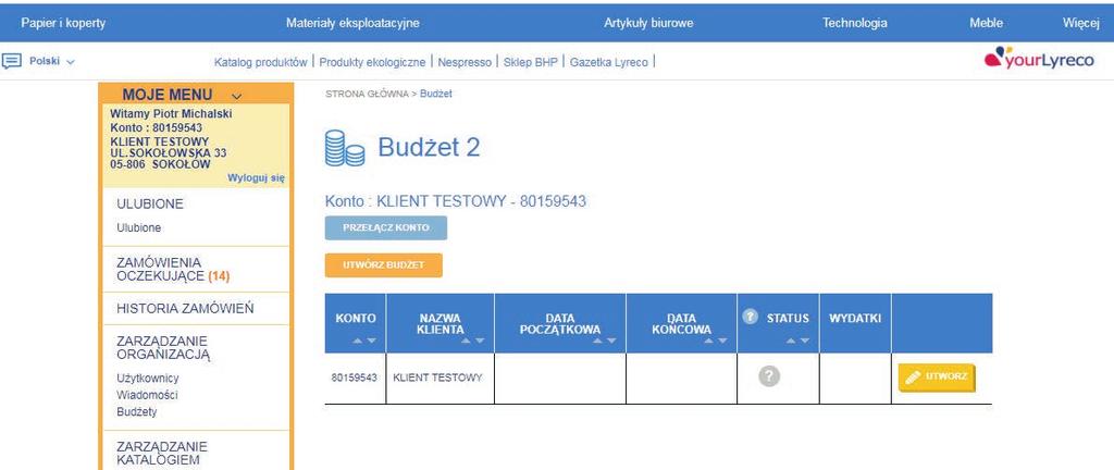 BUDŻETY Opcja jest dostępna w zakładce Zarządzanie organizacją, po jej kliknięciu widzisz listę aktualnie ustawionych budżetów Kliknij, aby dodać/edytować budżet na innym koncie lub zobaczyć, jaki