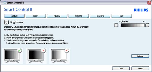 Menu Adjust (Dostosuj) umożliwia dostosowanie ustawień, takich jak Brightness (Jasność), Contrast (Kontrast), Focus (Ostrość), Position (Położenie) i Resolution (Rozdzielczość).