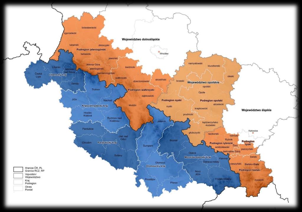 GRANICA PAŃSTWOWA POLSKO - CZESKA Granica polsko czeska, o długości 796 km przebiega wzdłuż terenów województwa dolnośląskiego (410,5 km), opolskiego i śląskiego po stronie polskiej oraz krajów