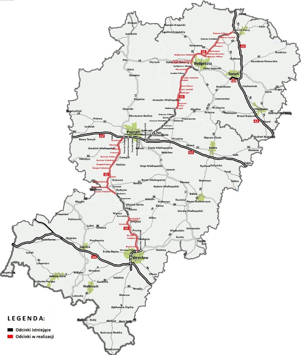 Budowa drogi ekspresowej S-5 Droga ekspresowa S5 docelowo będzie miała długość około 360 km. Połączy Wrocław, Poznań, Bydgoszcz i Grudziądz.