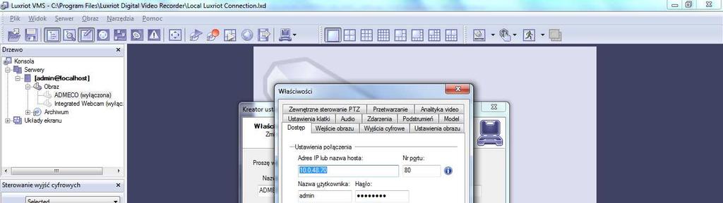 5. Wejść do zakładki Dostęp podać adres IP port http (domyślnie dla