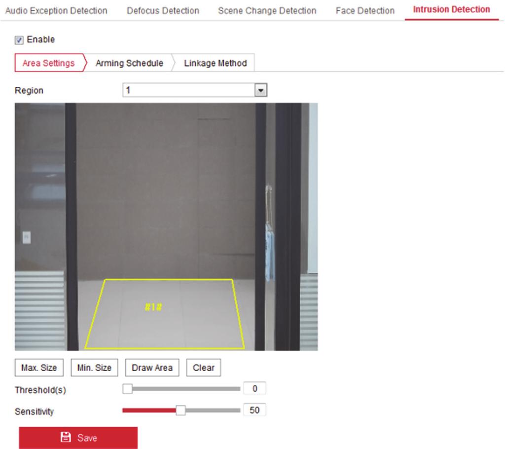 Rysunek 10 19 Detekcja wtargnięcia 2. Zaznacz pole wyboru Enable, aby włączyć tę funkcję. 3. Wybierz numer obszaru z listy rozwijanej Region.