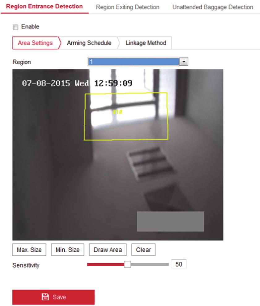 Rysunek 10 21 Detekcja wejścia w obszar 2. Zaznacz pole wyboru Enable, aby włączyć tę funkcję. 3. Wybierz pozycję Region z listy rozwijanej ustawień detekcji. 4.