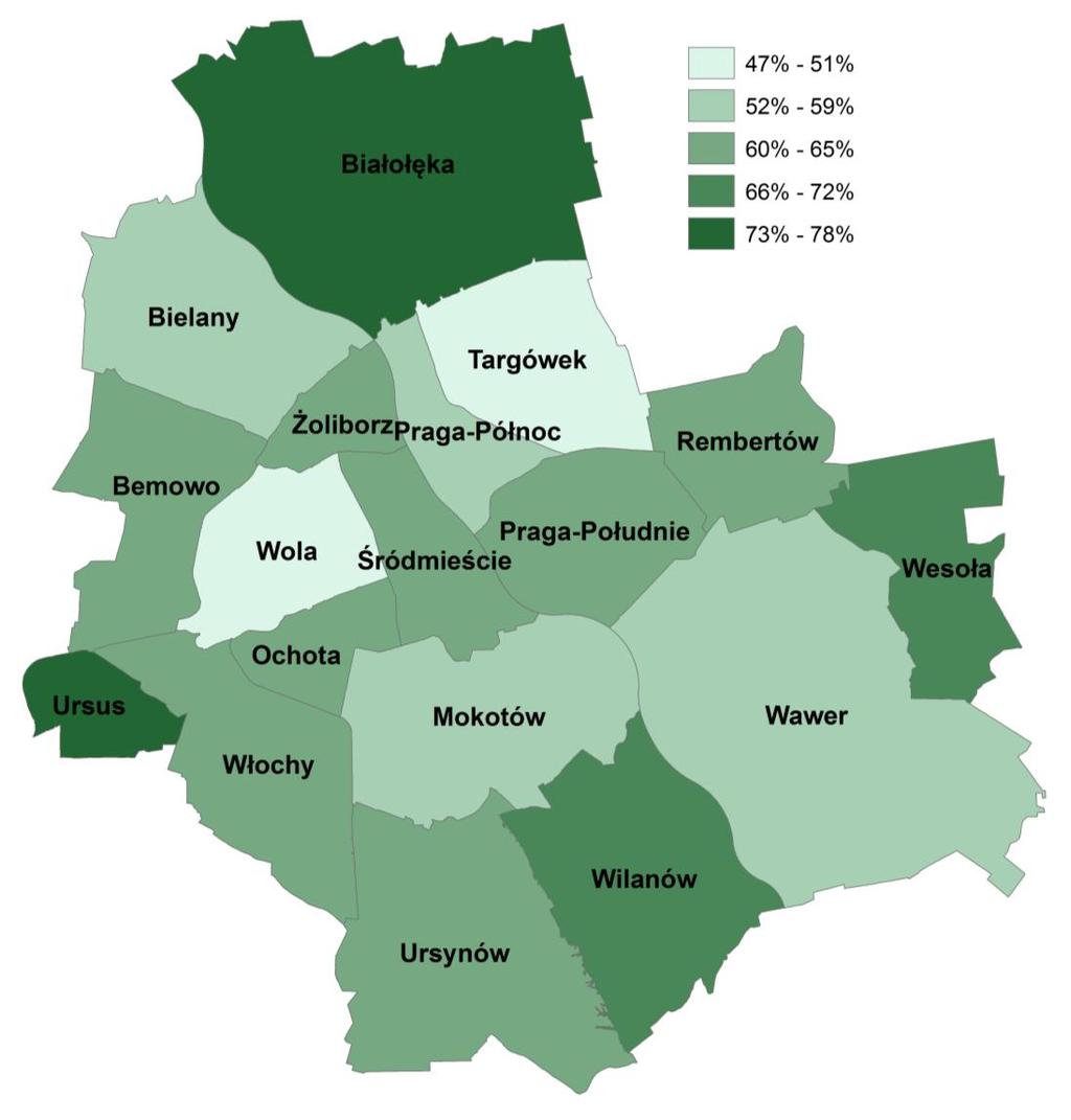 Obecność podczas wydarzeń kulturalnych* w ciągu ostatnich 12 miesięcy [N=8700] Warszawa 61% Białołęka 78% Ursus 76% Wesoła 72% Wilanów 70% Włochy 65% Rembertów 64% Praga Południe 63% Ursynów