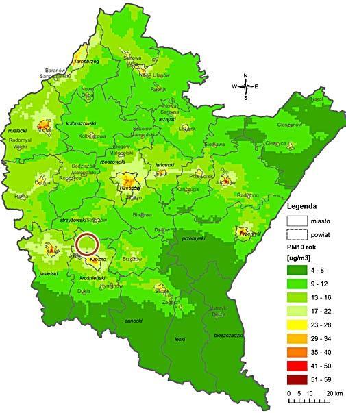 Mapa 3 Rozkład stężenia rocznego pyłu zawieszonego PM10 na terenie województwa podkarpackiego w 2015 roku Źródło: Roczna ocena jakości