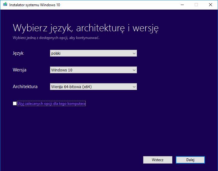 Kopiowanie Windows 10 2. Teraz można wybrać język, edycję oraz architekturę, jaką chcecie Państwo pobrać. Program wybiera automatycznie polecane ustawiania.