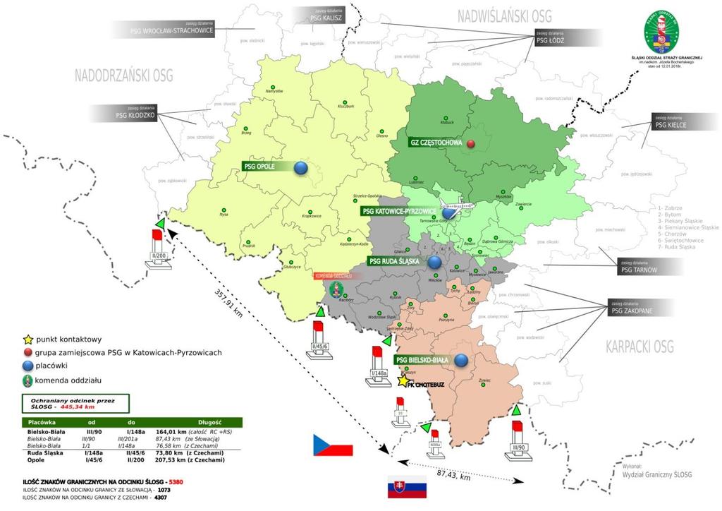 TAB.11. Terenowe jednostki organizacyjne Straży Granicznej (według stanu na dzień 30 czerwca 2018 roku) ODDZIAŁ SG Placówki SG Jednostka Organizacyjna 30.06.2017 r. 30.06.2018 r. Śląski 4 placówki 1 przejście 4 placówki 1 przejście Wyk.