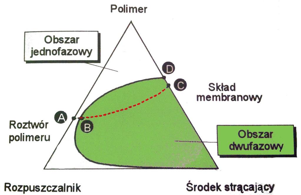 Typy membran membrany organiczne - wytwarzanie membrany integralnie asymetryczne Inwersja faz 1. Sporządzenie homogenicznego roztworu polimeru o odpowiedniej lepkości 2.