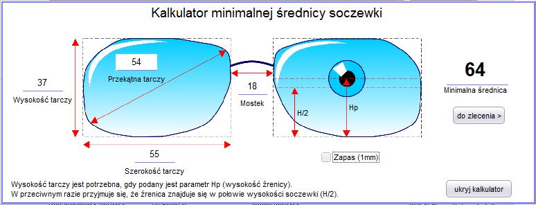 W przypadku zamawiania soczewek bez opcji METS i bez usługi szlifowania kształtu możliwe jest pominięcie skanowania oprawy ale wprowadzić wymiary skrzyniowe oprawy w celu wyliczenia minimalnej