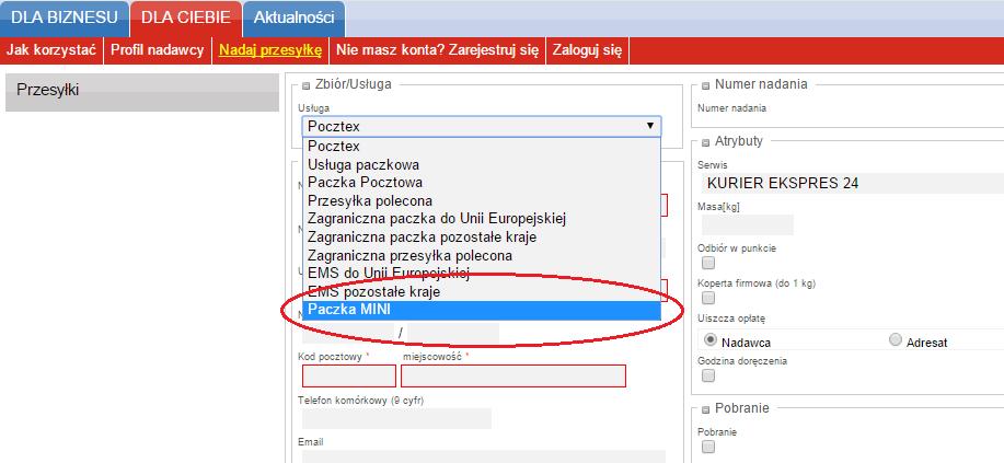 3. W sekcji Nadaj przesyłkę z dostępnej listy usług wybierz Paczkę MINI. 4.