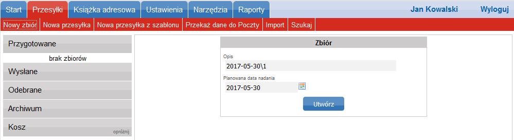 3. W oknie Zbiór możesz wskazać Planowana datę nadania przesyłki, następnie kliknij Utwórz. 4.