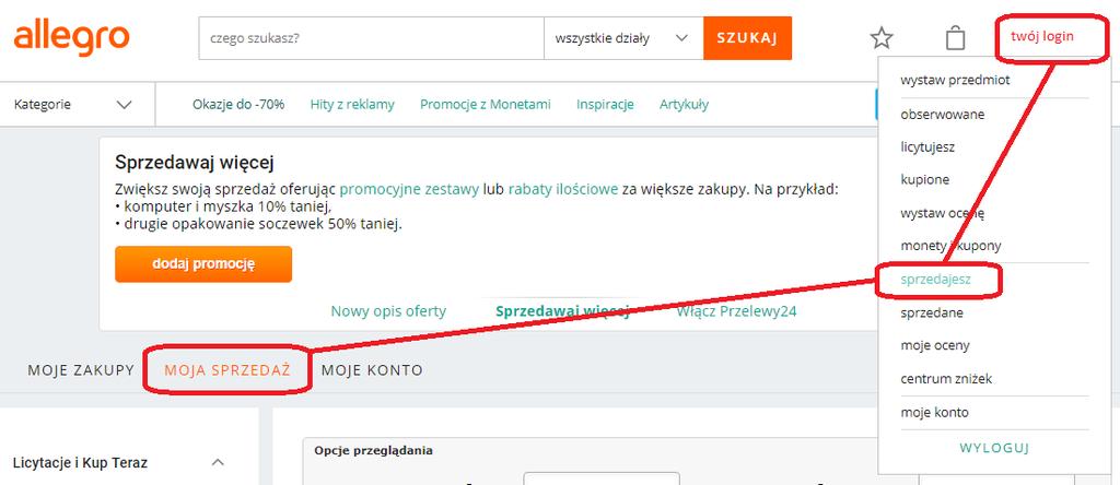 5. Informacje o Warunkach Reklamacji, gwarancji i zwrotów wypełnią się same jednak wcześniej musisz je wypełnić na Allegro: Aby to zrobić zaloguj się do Allegro, z menu rozwijalnego wybierz Sprzedaż.