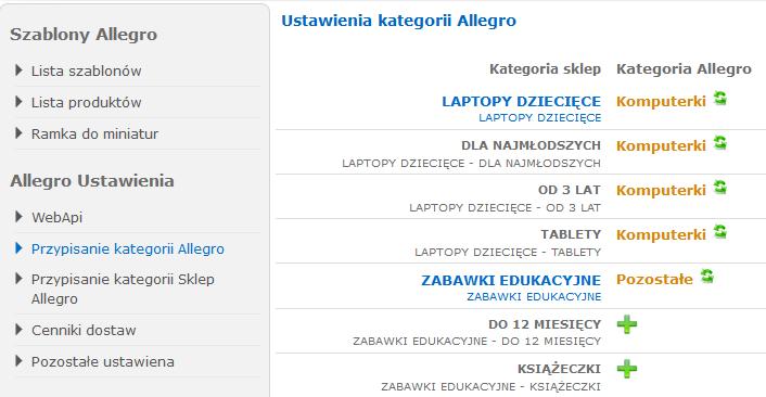 Aby przypisać kategorię z Centralizabawek do kategorii na Allegro należy wybrać zielony znaczek + przy interesującej nas kategorii, a następnie w oknie, które wyskoczy, wybrać kategorię docelową.