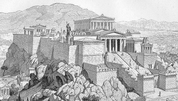 F. Strzałką zaznacz na rysunku wejście do Akropolu opisane w tekście. Wikipedia. 7. Która legenda informuje nas o początkach starożytnego Rzymu? (0-1) A. o gęsiach kapitolińskich B.