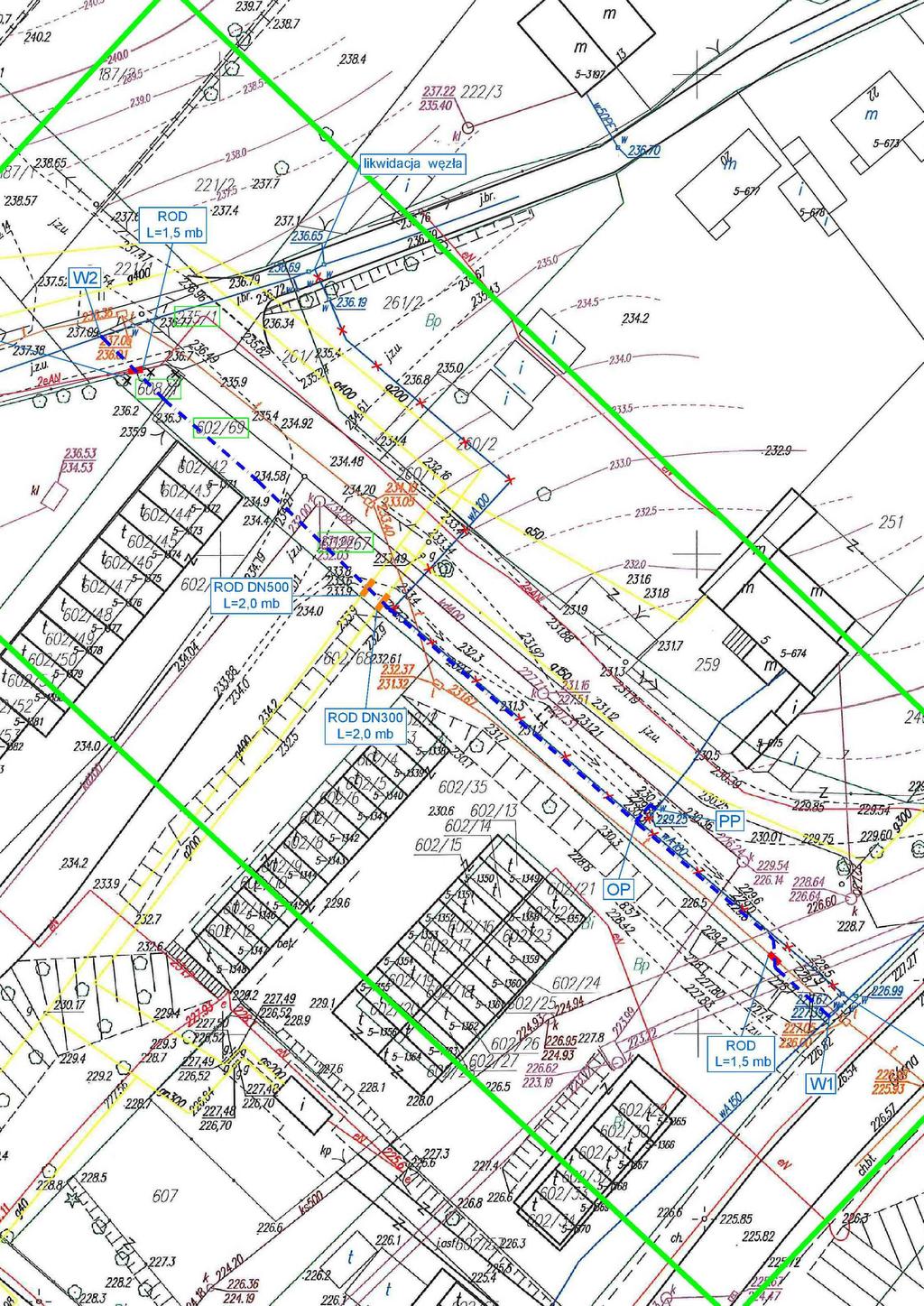 Załącznik nr 2 Mapa dokumentacyjna z lokalizacją otworów geotechnicznych w skali 1 : 500 Inwestycja Budowa wodociągu PEdn110 na działkach nr 602/67, 602/69, 608/1 i 235/1 w ul. Staropolskiej i ul.