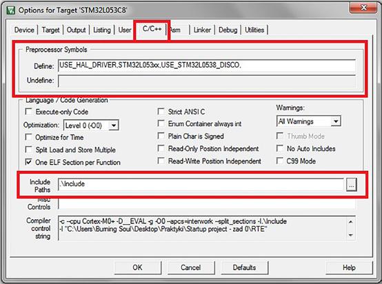 Za pomocą przycisku po prawej stronie pola Include Paths dodajemy ścieżki do następujących folderów:.\inc.\drivers\stm32l0xx_hal_driver\inc.\drivers\cmsis\device\st\stm32l0xx\include.