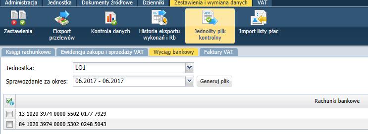 Generowanie danych do ewidencji VAT Aby wykonać eksport pliku JPK należy: 1. Wybrać menu Zestawienia i wymiana danych/ Jednolity plik kontrolny. 2. Wybrać jedną z zakładek np. Wyciąg bankowy. 3.