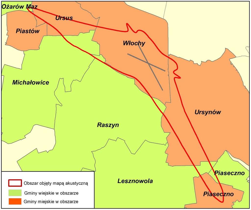 Rys. 1 Granice obszaru objętego mapą na tle podziału administracyjnego Analizując zasięg hałasu badano przebieg izofony L DWN = 55 db oraz L N = 50 db.