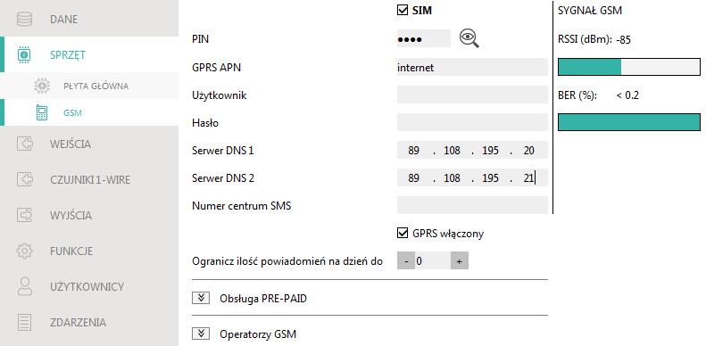 22 GPRS-A SATEL Transmisje testowe O czasie (GMT) zaznacz pole, jeżeli transmisja testowa ma być wysyłana codziennie o określonym czasie. Należy określić, o której godzinie i minucie.