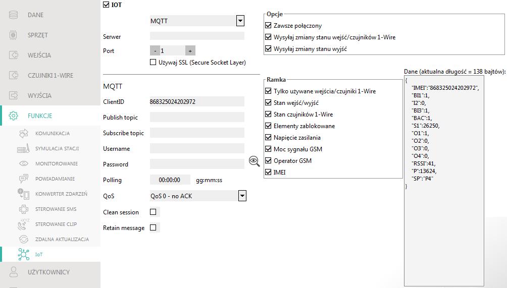 44 GPRS-A SATEL Rys. 33. Zakładka IoT. JSON Określ co ile godzin, minut i sekund moduł ma wysyłać dane do serwera w przypadku protokołu komunikacji JSON.