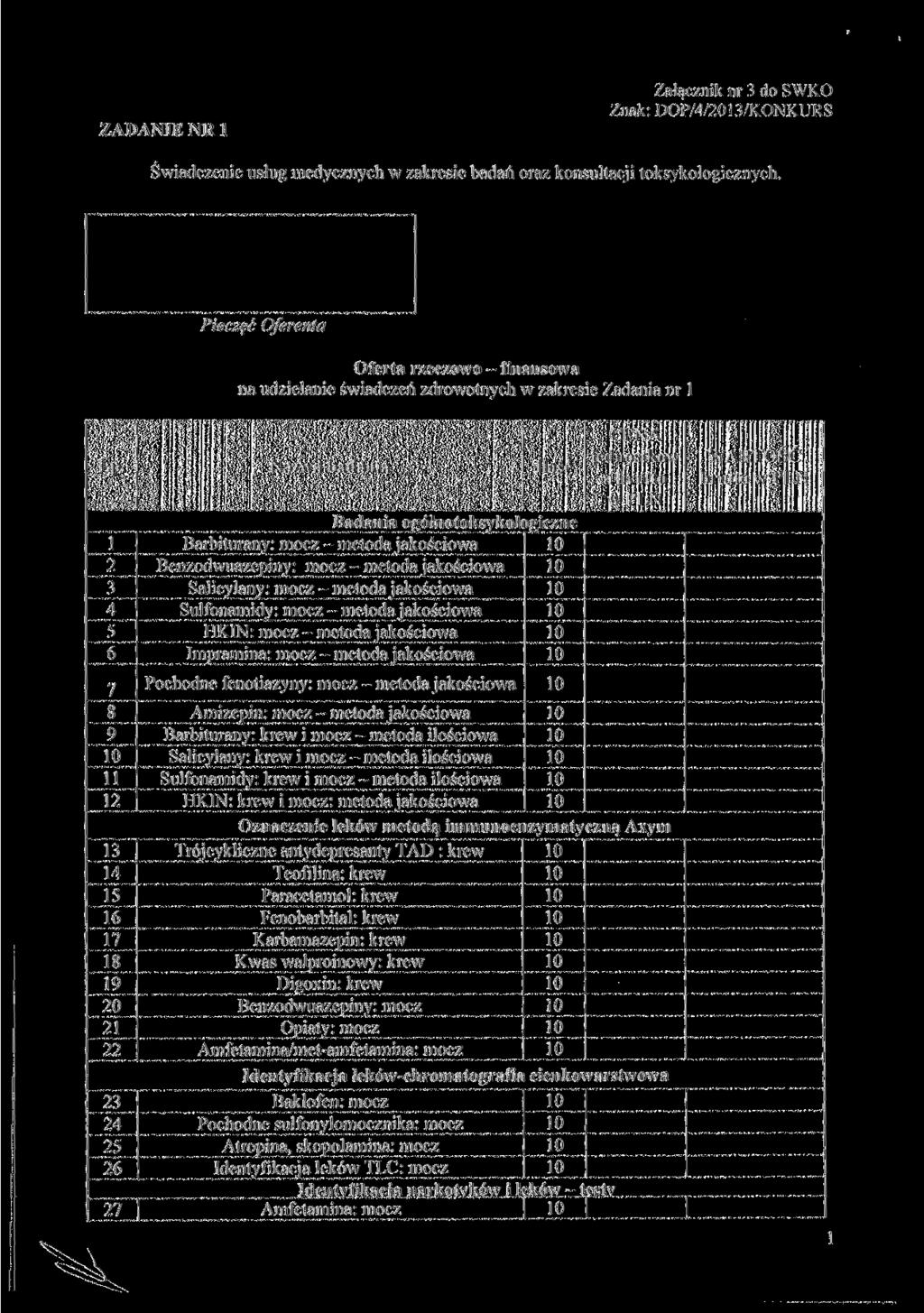 M.IIH ZADANIE NR l Załącznik nr 3 do SWKO Znak: DOP/4/2013/KONKURS Świadczenie usług medycznych w zakresie badań oraz konsultacji toksykologicznych.