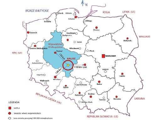 2.4. Uwarunkowania społeczno-gospodarcze Lokalizacja Miasto Kalisz położone jest w środkowo-zachodniej Polsce, w południowo-wschodniej części województwa wielkopolskiego.
