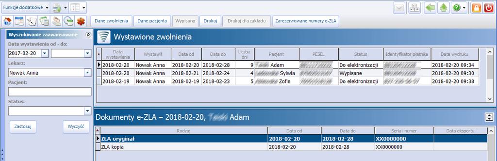 Przegląd zwolnień lekarskich Rozdział Przegląd zwolnień lekarskich 10 Ścieżka: Ewidencja > Specjalne > Przegląd zwolnień lekarskich Gabinet > menu: Funkcje dodatkowe > Przegląd zwolnień lekarskich Na