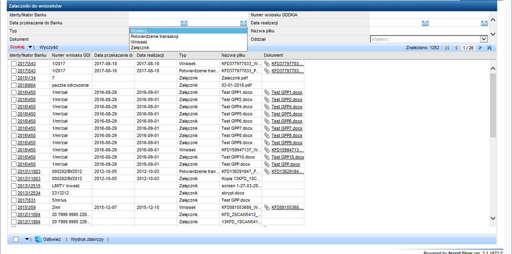 Po wprowadzeniu określonego parametru według, których chcemy wyszukać transakcje z dokumentami należy wybrać przycisk. Na liście pojawią się żądane dokumenty. 4.