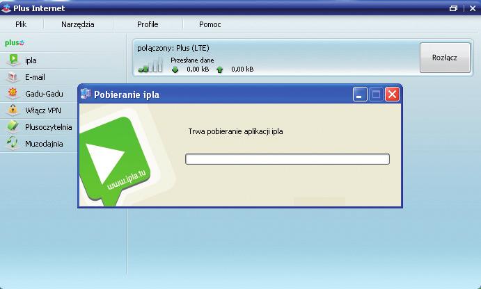 Po kliknięciu Połącz rozpocznie się pobranie i instalacja aplikacji ipla. Zamknięcie aplikacji Plus Internet 1.. Kliknij przycisk Rozłącz (jeżeli połączenie z internetem jest aktywne). 2.