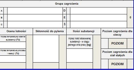 Tutaj należy wybrać z rozwijanej listy zagrożenie w zależności od oznaczenia R lub H dla danej substancji Tutaj należy podać temperaturą wrzenia substancji