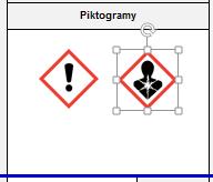 W tej pozycji należy wkleić odpowiednie piktogramy wskazujące zagrożenie dla danej substancji Pozostałe pola wypełniane są automatycznie i nie wymagają ingerencji. f).