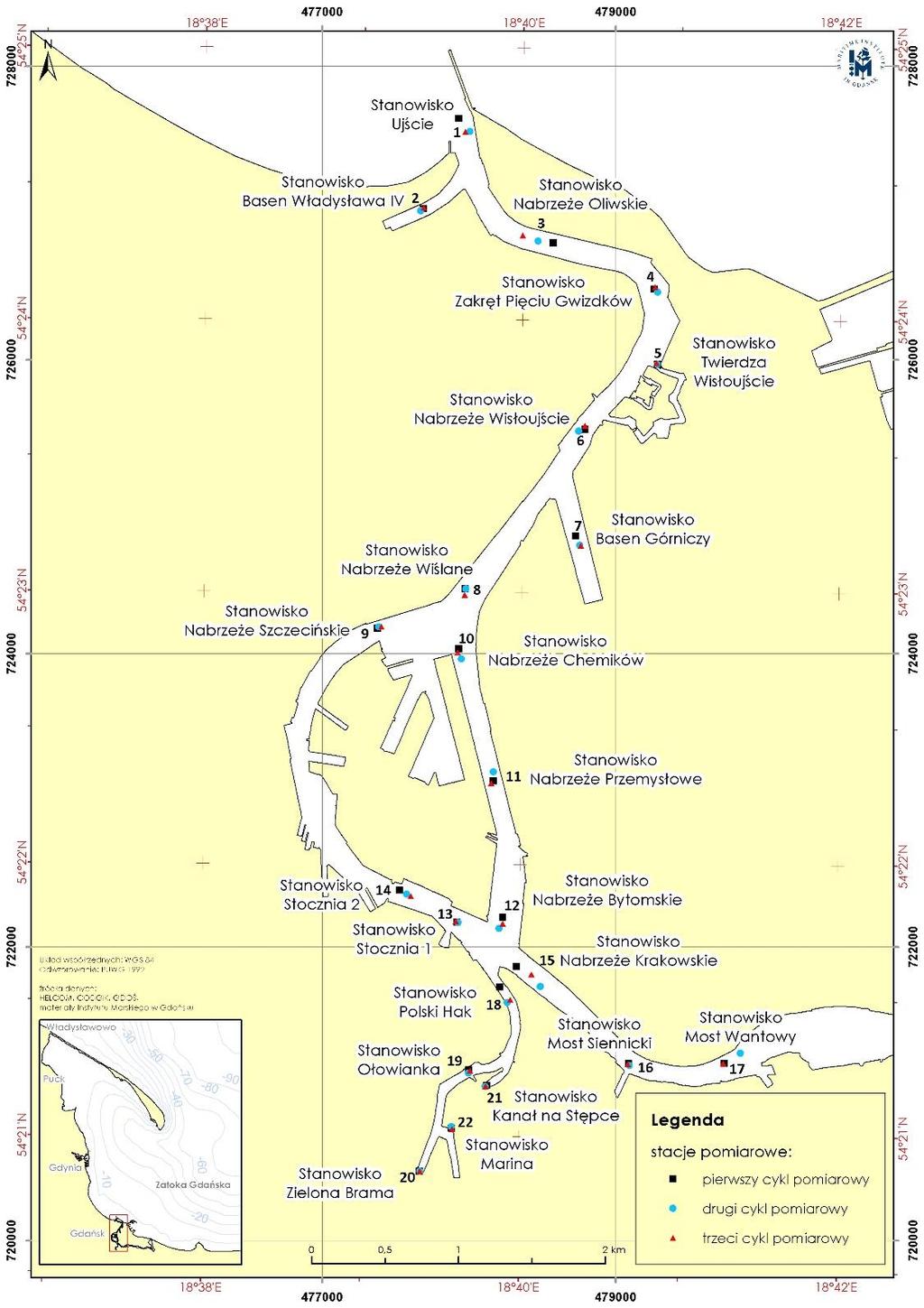 Rysunek 2. Lokalizacja stacji pomiarowych badań hydrologicznych na obszarze Martwej Wisły w dniach 30