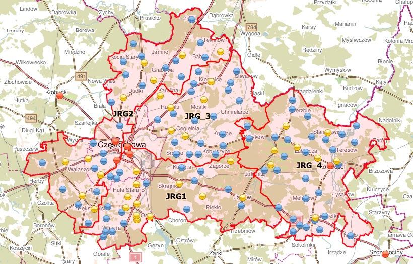 Organizacja i funkcjonowaniekrajowego 325 Rys. 3. Rejony działań JRG w powiecie częstochowskim Źródło: [11].