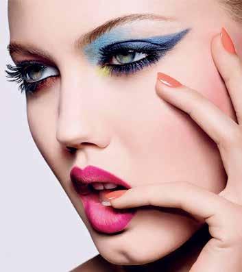 Fuchsia on the cheeks with azure and citrus eyes.