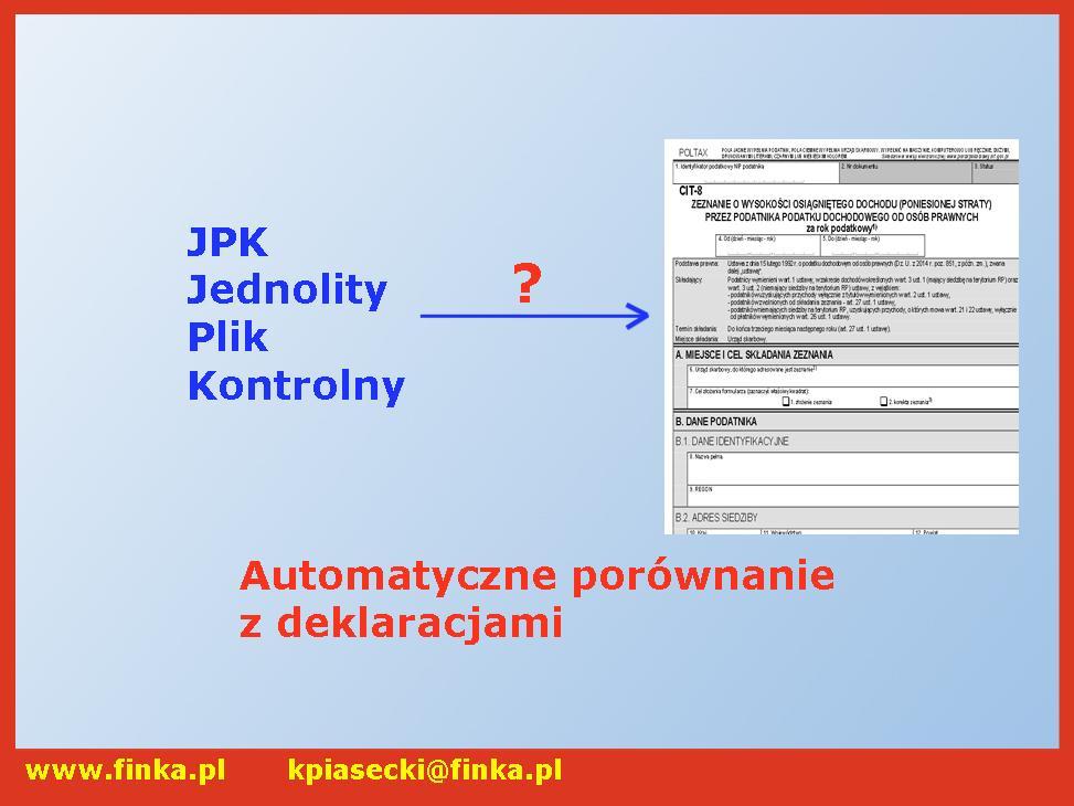 8 Według intencji twórców koncepcji, Jednolity Plik Kontrolny ma także umożliwić: - automatyczną kontrolę deklaracji podatkowych - weryfikację stosowania stawek VAT odpowiednich do rodzaju towarów