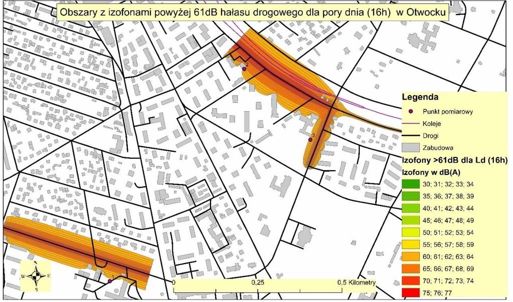 Mapa Nr 11. Obszary z izofonami powyżej 61 db dla pory dnia (16h) w Otwocku Mapa Nr 12.