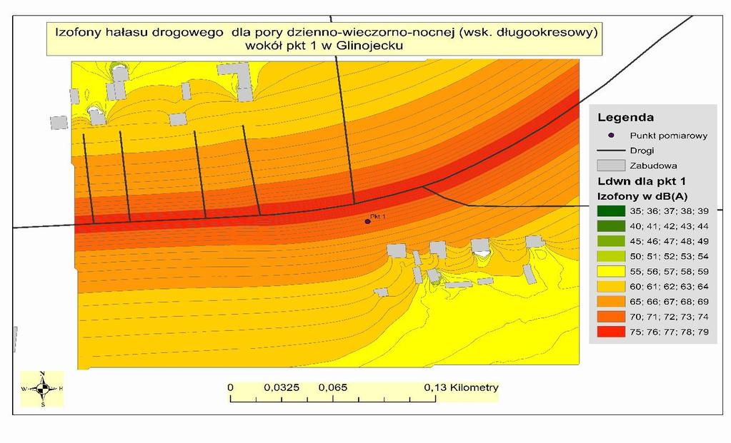 Mapa Nr 16. Obszary z izofonami dla pory dzienno-wieczorno-nocnej wokół punktu 1 w Glinojecku Mapa Nr 17.