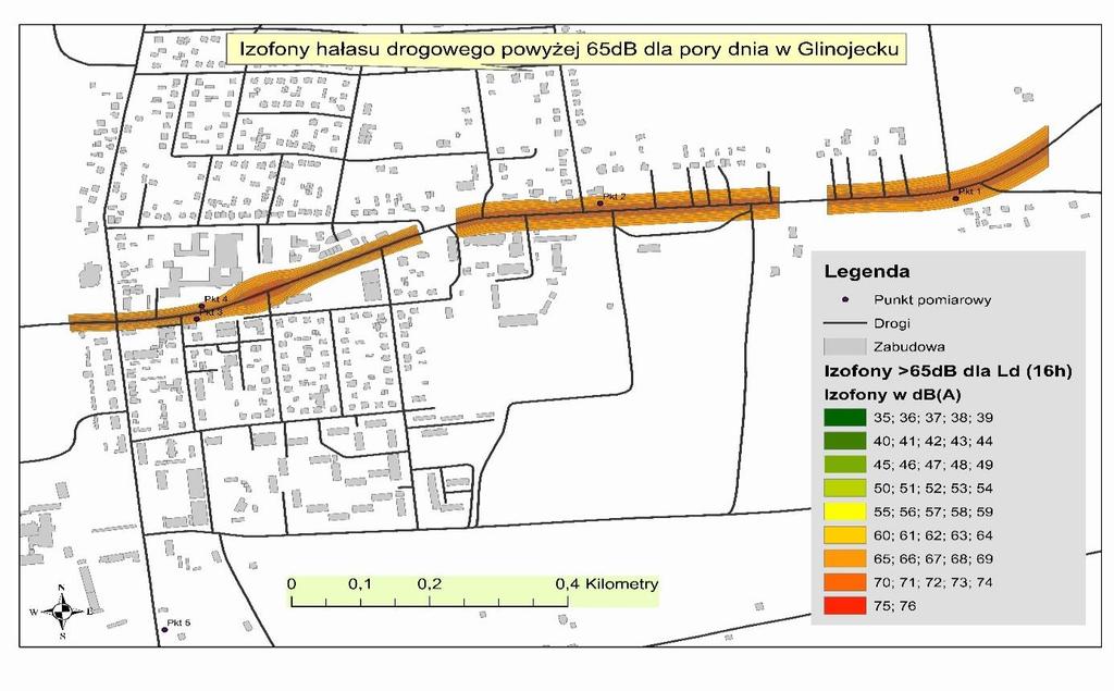 Mapa Nr 26. Obszary z izofonami powyżej 65 db dla pory dnia w Glinojecku (pkt.