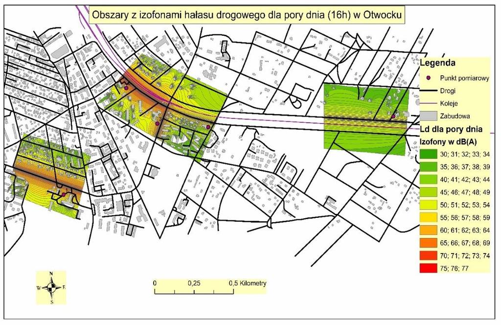 Obszar oceny hałasu drogowego i kolejowego Na mapach Nr 1, 2 i 3 przedstawiono obszary 5 db określone kolorami z izofonami co 1 db, które określają zakres