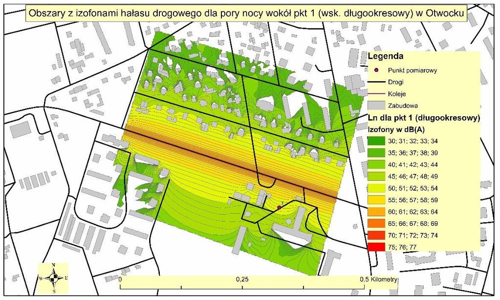 1 w Otwocku Mapa Nr 5. Obszary z izofonami dla pory nocnej wokół pkt.