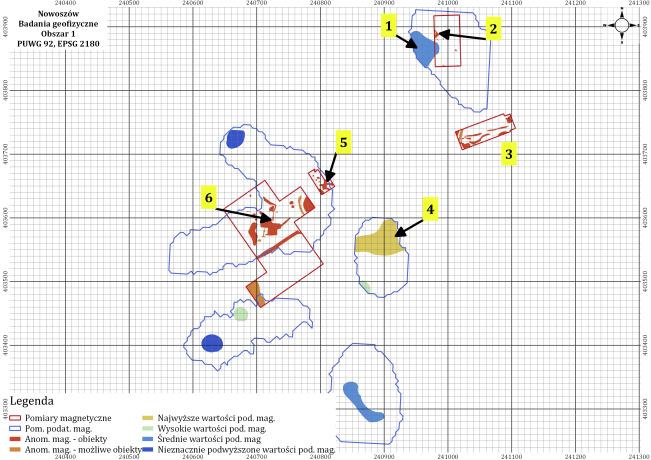 Obszar 1 W północnej części obszaru wykryto podwyższenie wartości podatności magnetycznej (1 - Ryc.