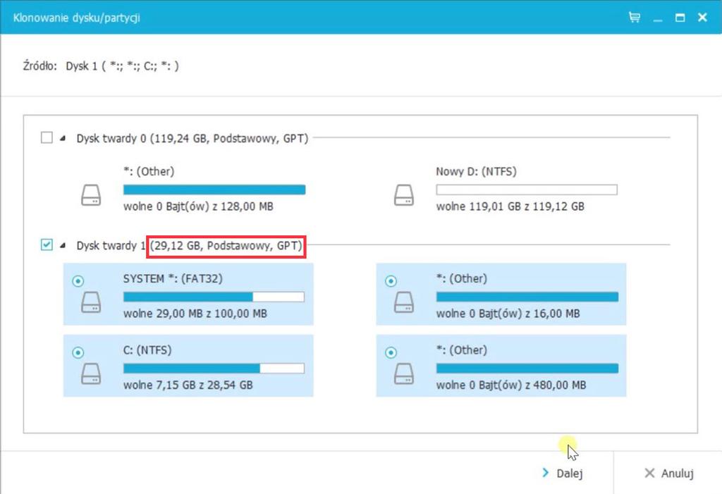 Później zaznacz dysk źródłowy czyli ten, który chcesz skopiować. Po zaznaczeniu możesz wybrać, które partycje* dysku mają zostać skopiowane i kliknij Dalej. *Co to jest partycja?