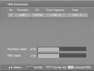 3 Informacje o dysku HDD To menu zawiera informacje o podłączonej pamięci zewnętrznej. Pokazuje partycje ich rozmiar i umoŝliwia formatowanie.