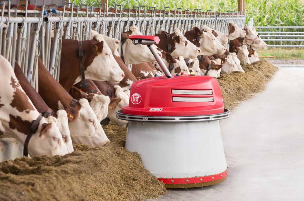 14 LELY JUNO 15 Lely Control Plus Dynamiczne podgarnianie Pasza nigdy nie jest rozprowadzana równo po całym stole paszowym.