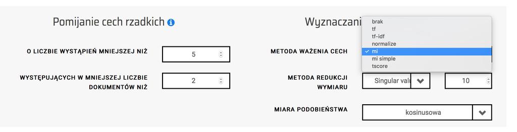 Opcje filtrowania, transformacji, podobieństwa i grupowania Opcje