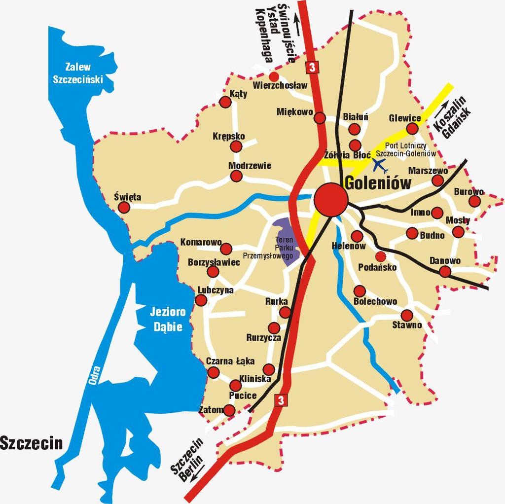 4. Charakterystyka Gminy Goleniów Gmina Goleniów zajmuje powierzchnię 443 km² w północno-zachodniej części województwa zachodniopomorskiego. W jej skład wchodzi 49 miejscowości wyszczególnionych.