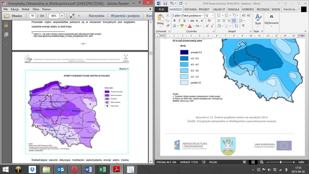 roku. Jak pokazują dane Ministerstwa Rozwoju dla typowych lat meteorologicznych dla stacji w Kaliszu, średnia prędkość wiatru wynosi ok 3,48 m/s. Średnia prędkość wiatru [m/s] Tabela 22.