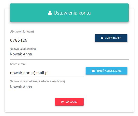 W tej zakładce znajdują się dane użytkownika login do platformy, nazwa użytkownika, adres e-mail, który jest aktualnie przypisany do użytkownika platformy oraz