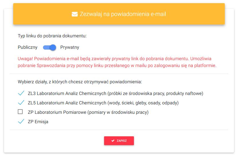 W tej zakładce użytkownik może określić preferencje dotyczące powiadomień e-mail, jeżeli chce je otrzymywać.